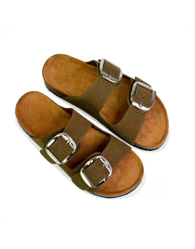 Dolly Slip On Sliders Statement Double Buckle Up Flat Sandals in Khaki sold by XYlondon