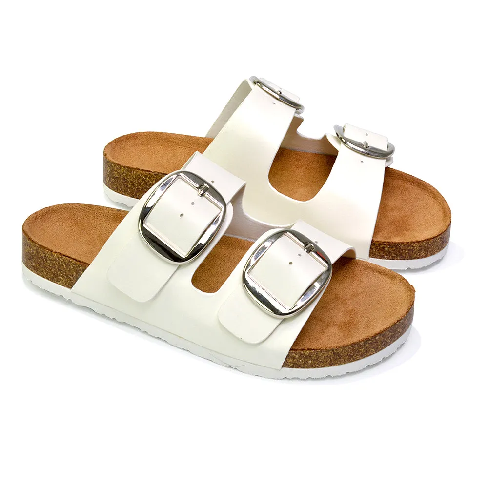 Dolly Slip On Sliders Statement Double Buckle Up Flat Sandals in White sold by XYlondon