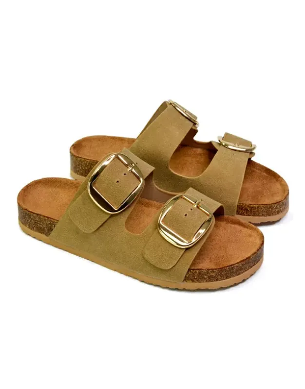 Dolly Slip On Sliders Statement Double Buckle Up Flat Sandals in Taupe sold by XYlondon