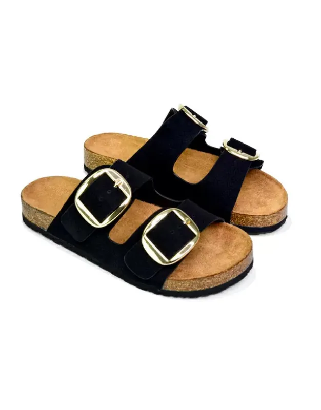 Dolly Slip On Sliders Statement Double Buckle Up Flat Sandals in Black sold by XYlondon