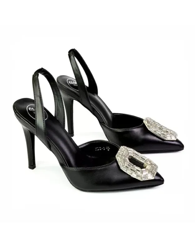 Issy Sling Back Strappy Pointed Toe Stiletto High Heel Court Shoes in Black sold by XYlondon