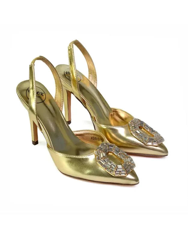 Issy Sling Back Strappy Pointed Toe Stiletto High Heel Court Shoes in Gold sold by XYlondon