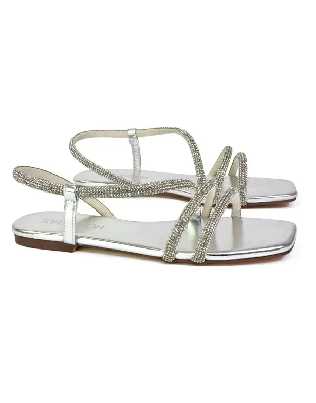 Dove Sparkly Low Heel Square Toe Strappy Diamante Flat Sandals in Silver sold by XYlondon product image thumbnail 4