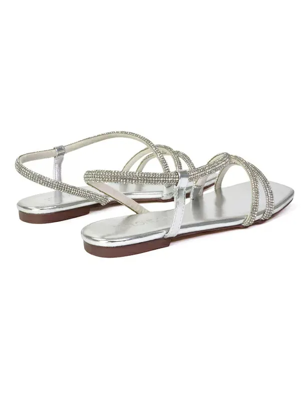 Dove Sparkly Low Heel Square Toe Strappy Diamante Flat Sandals in Silver sold by XYlondon product image thumbnail 2