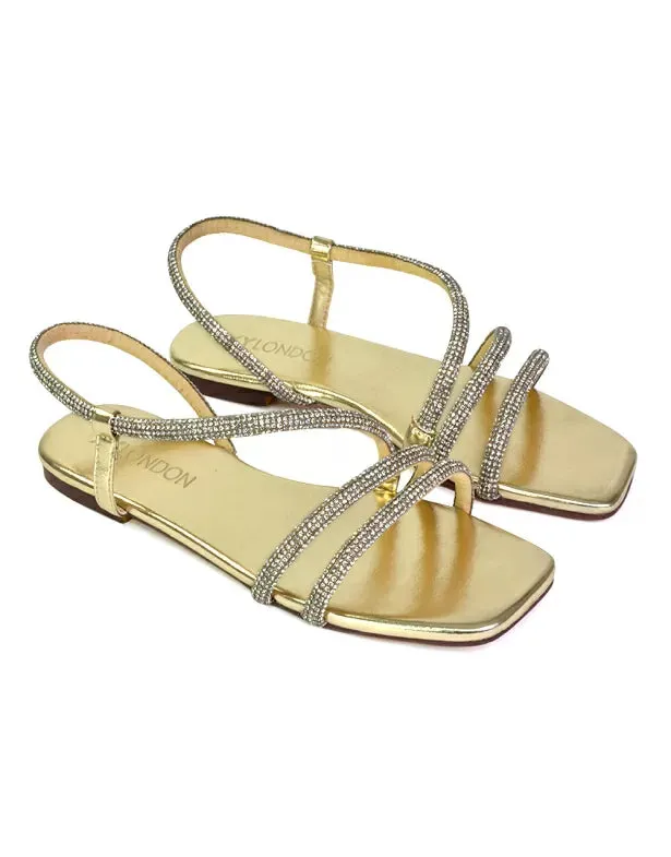 Dove Sparkly Low Heel Square Toe Strappy Diamante Flat Sandals in Gold sold by XYlondon product image thumbnail 3
