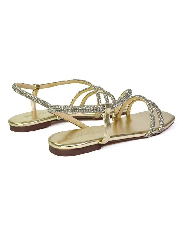 Dove Sparkly Low Heel Square Toe Strappy Diamante Flat Sandals in Gold sold by XYlondon product image thumbnail 4