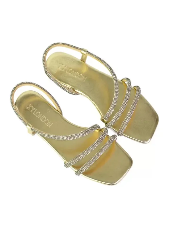 Dove Sparkly Low Heel Square Toe Strappy Diamante Flat Sandals in Gold sold by XYlondon