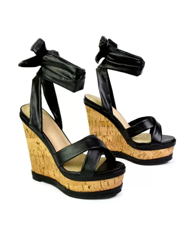 Kammie Lace Up Strappy Cork Wedge Heel Sandals Platform Shoes in Black made by XYlondon