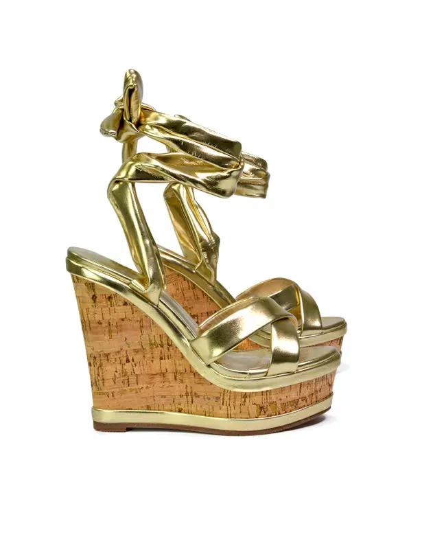 Kammie Lace Up Strappy Cork Wedge Heel Sandals Platform Shoes in Gold sold by XYlondon product image thumbnail 5