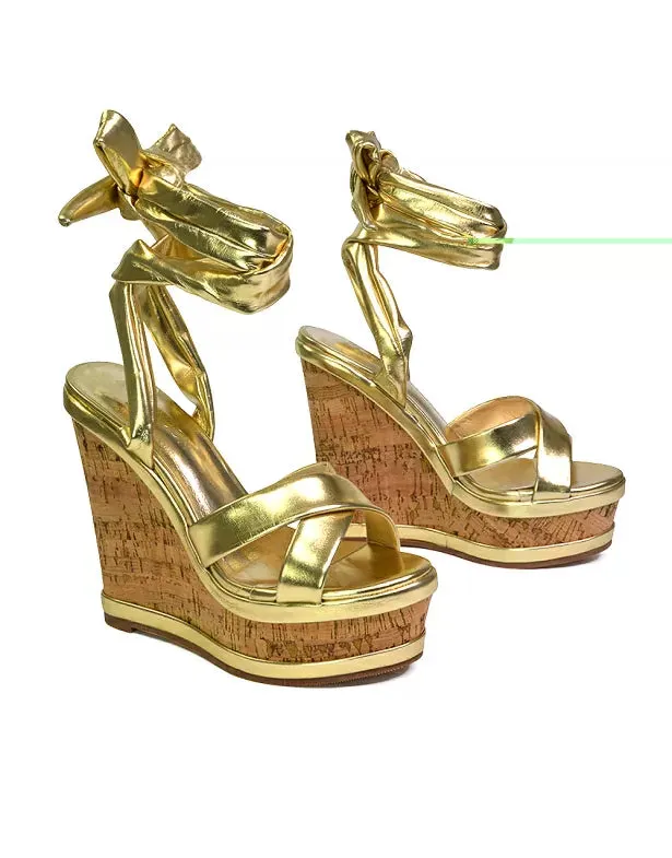Kammie Lace Up Strappy Cork Wedge Heel Sandals Platform Shoes in Gold sold by XYlondon product image thumbnail 2