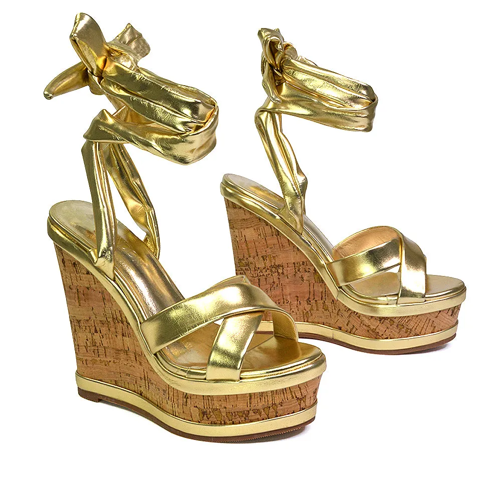 Kammie Lace Up Strappy Cork Wedge Heel Sandals Platform Shoes in Gold sold by XYlondon product image thumbnail 4