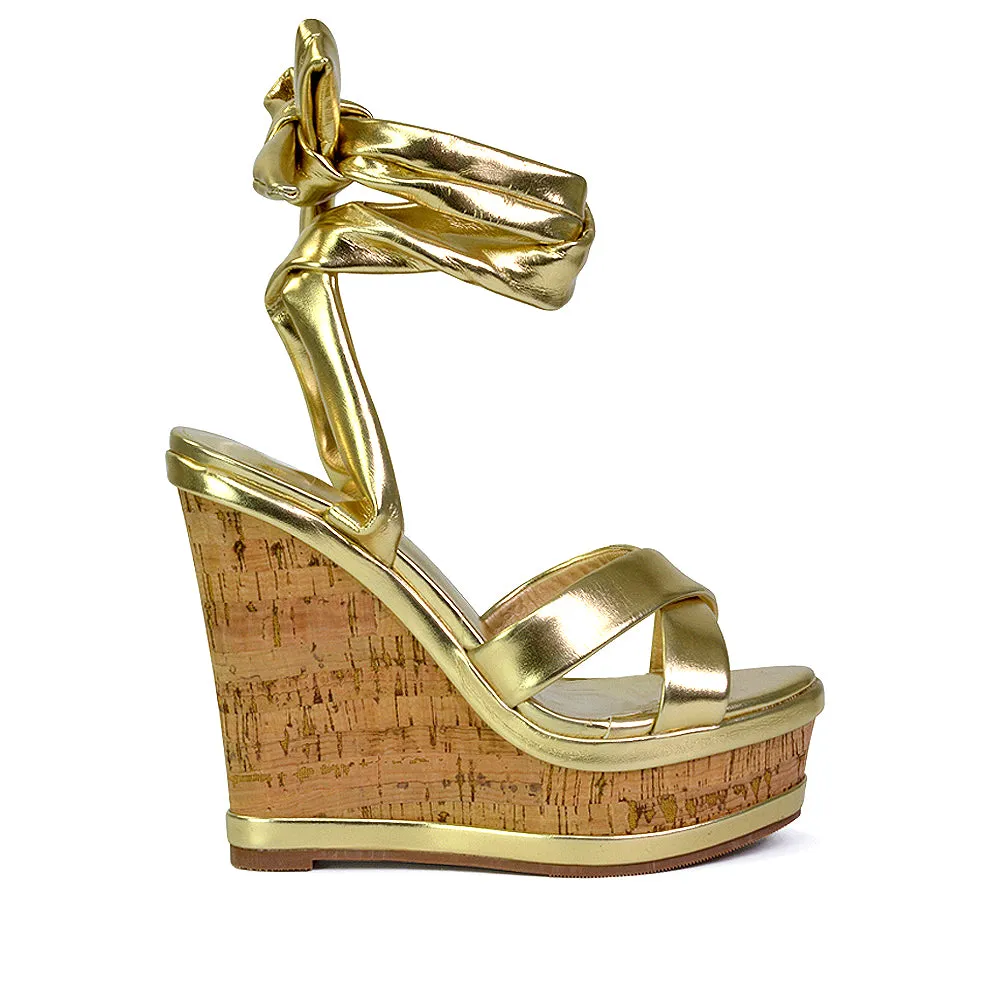Kammie Lace Up Strappy Cork Wedge Heel Sandals Platform Shoes in Gold sold by XYlondon product image thumbnail 3