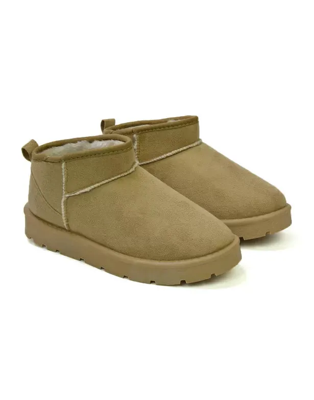 Angelina Flat Ankle Winter Ultra Mini Boots with Faux Fur Insole In Sand sold by XYlondon