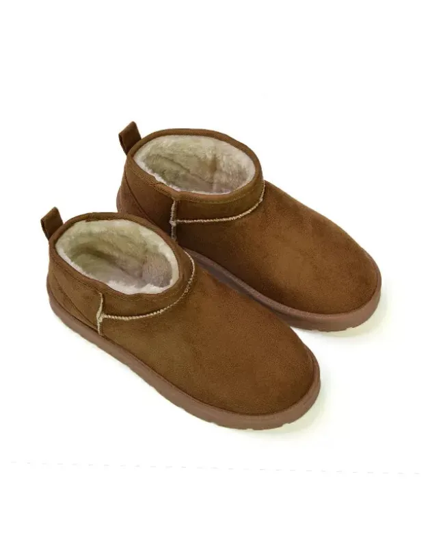 Angelina Flat Ankle Winter Ultra Mini Boots with Faux Fur Insole In Chestnut sold by XYlondon
