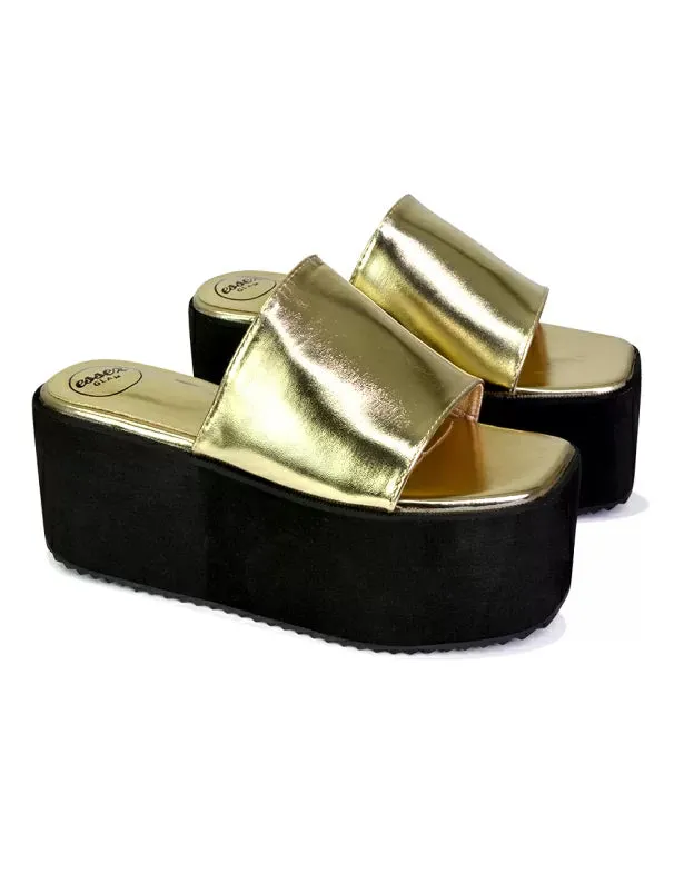 Kaiya Square Toe Slip on Flatform Sandal Slides in Gold sold by XYlondon product image thumbnail 2