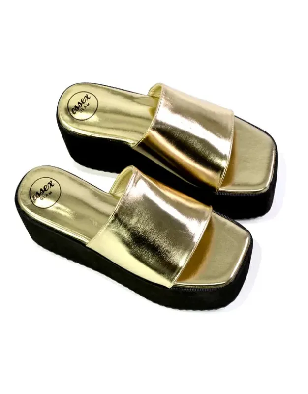 Kaiya Square Toe Slip on Flatform Sandal Slides in Gold sold by XYlondon