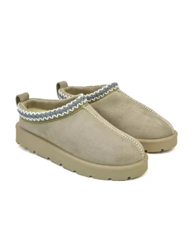 Zoe Aztec Faux Fur Slip On Winter Micro Slippers In Mushroom sold by XYlondon