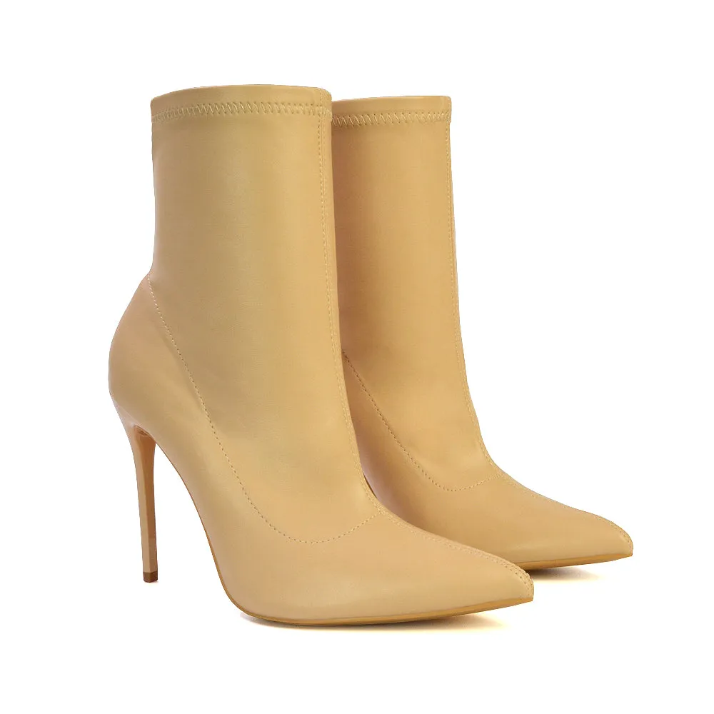 Felix Pointed Toe Stretchy Sock Ankle Boots With Stiletto Heel in Nude sold by XYlondon product image thumbnail 4