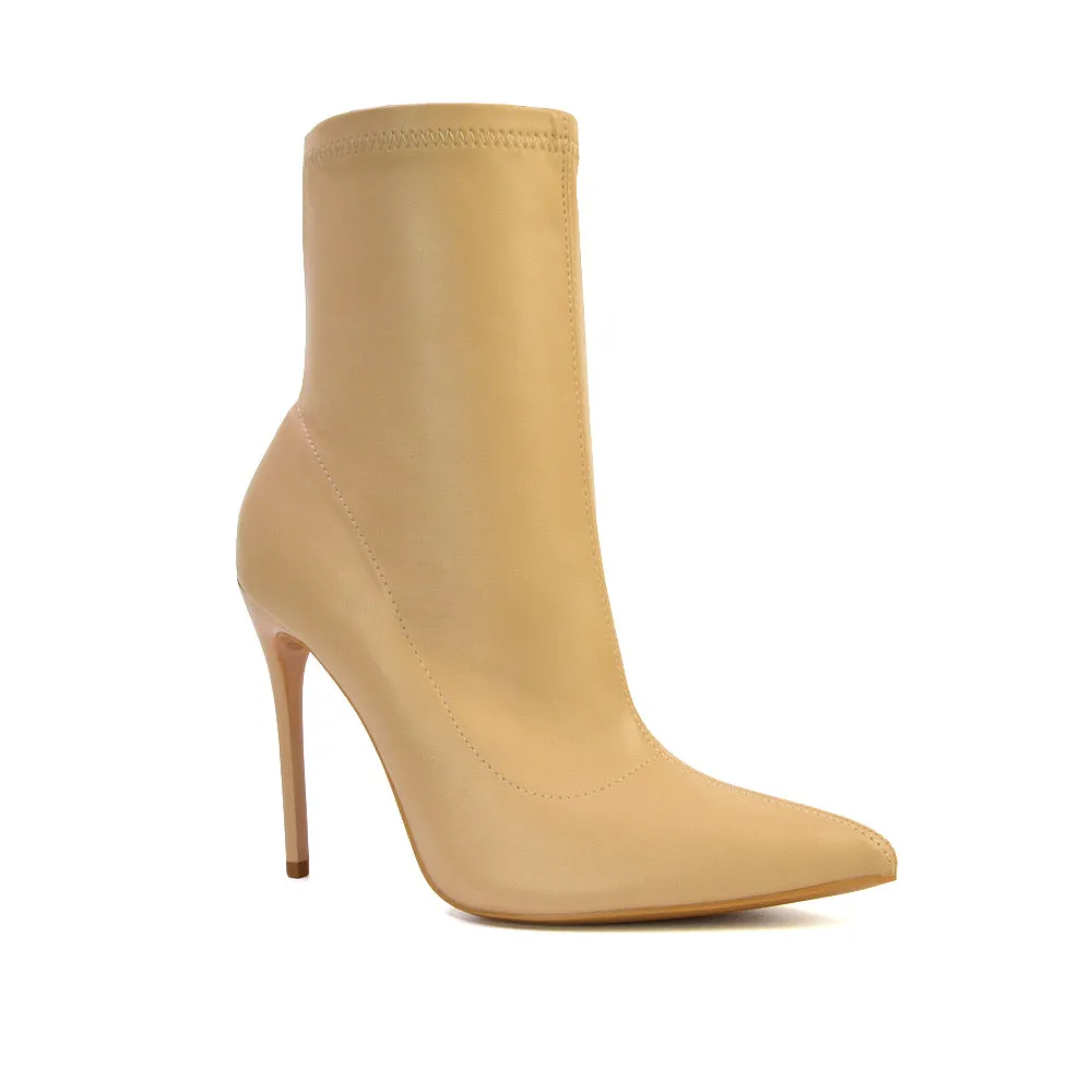 Felix Pointed Toe Stretchy Sock Ankle Boots With Stiletto Heel in Nude sold by XYlondon product image thumbnail 5