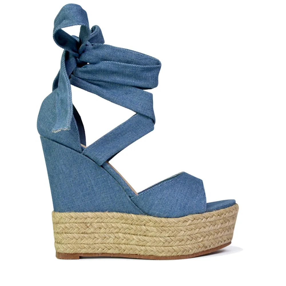 Sansa Strappy Lace up Woven Effect Platform High Heel Sandal Wedges In Denim sold by XYlondon product image thumbnail 2