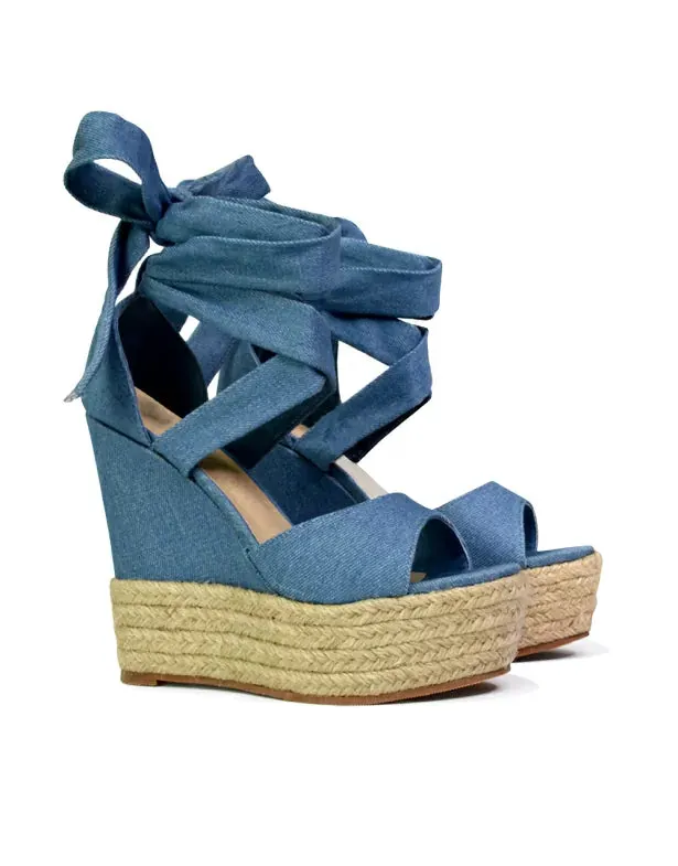Sansa Strappy Lace up Woven Effect Platform High Heel Sandal Wedges In Denim sold by XYlondon