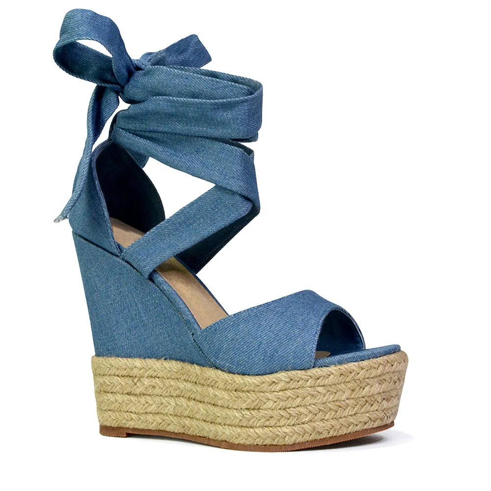 Sansa Strappy Lace up Woven Effect Platform High Heel Sandal Wedges In Denim sold by XYlondon product image thumbnail 3