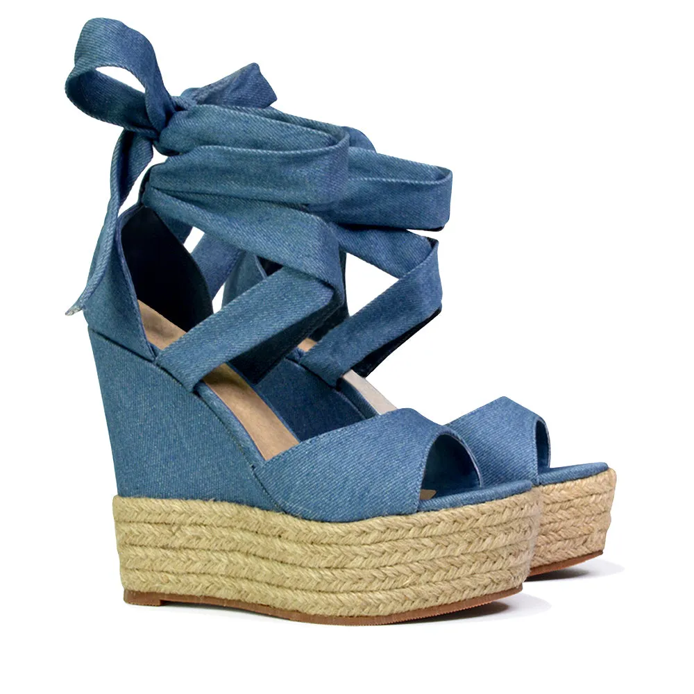 Sansa Strappy Lace up Woven Effect Platform High Heel Sandal Wedges In Denim sold by XYlondon product image thumbnail 4