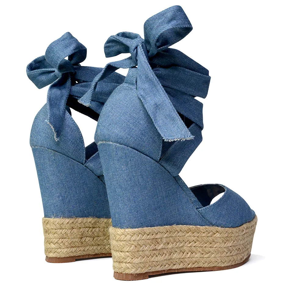 Sansa Strappy Lace up Woven Effect Platform High Heel Sandal Wedges In Denim sold by XYlondon product image thumbnail 5