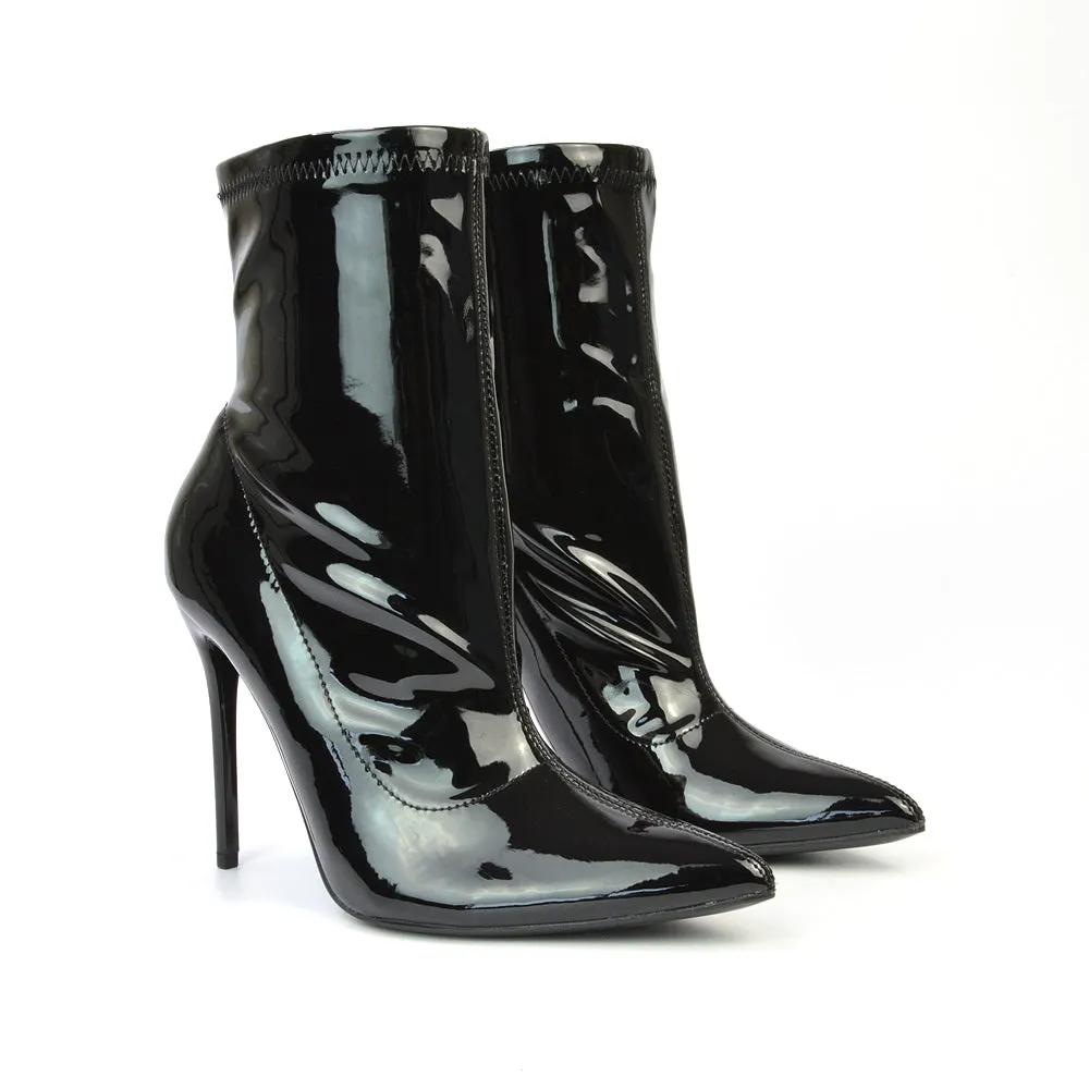 Felix Pointed Toe Stretchy Sock Ankle Boots With Stiletto Heel in Black Patent sold by XYlondon product image thumbnail 4