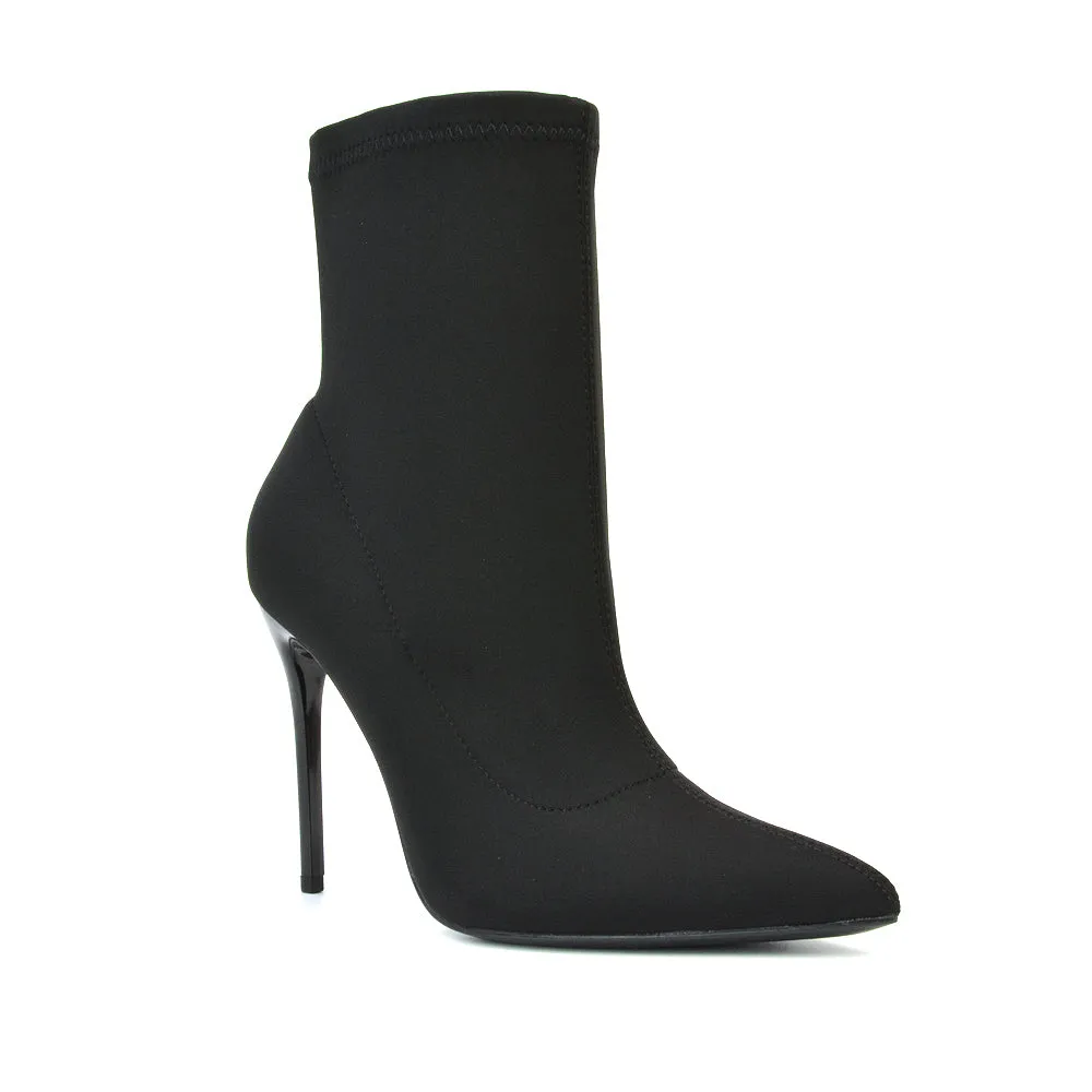 Felix Pointed Toe Stretchy Sock Ankle Boots With Stiletto Heel in Black Lycra sold by XYlondon product image thumbnail 5