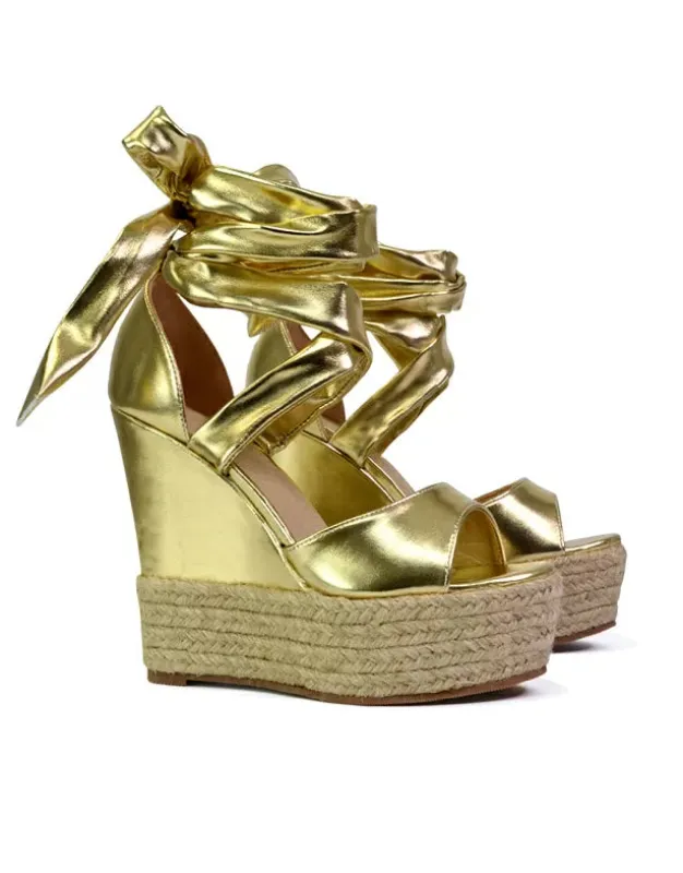 Sansa Strappy Lace up Woven Effect Platform High Heel Sandal Wedges In Gold made by XYlondon
