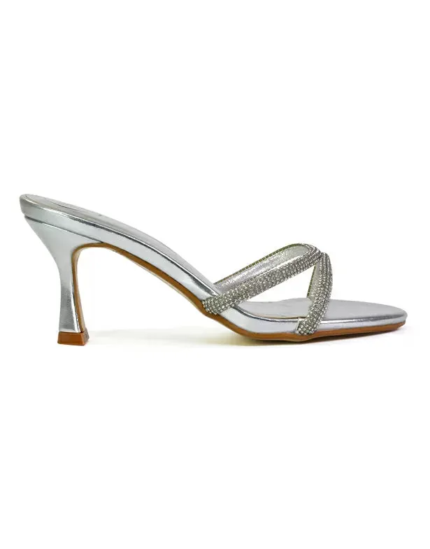 Paxton Diamante Strappy Mid High Heel Party Stiletto Mule Sandals In Silver sold by XYlondon product image thumbnail 2