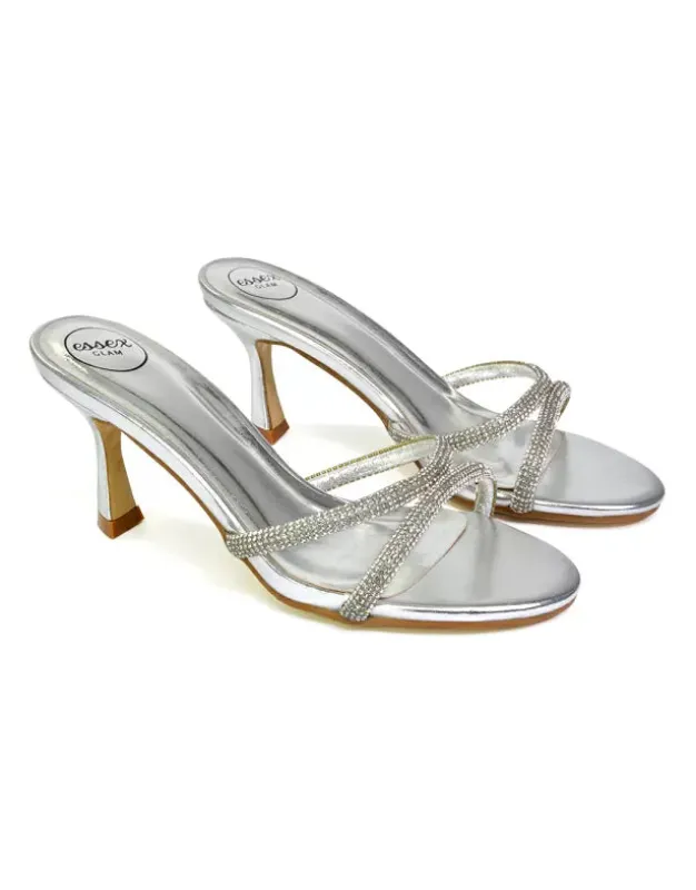 Paxton Diamante Strappy Mid High Heel Party Stiletto Mule Sandals In Silver made by XYlondon