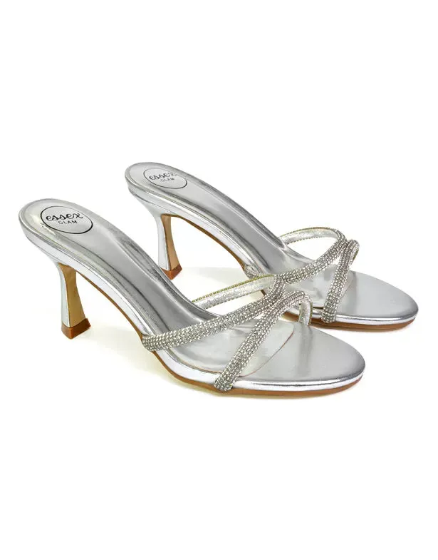 Paxton Diamante Strappy Mid High Heel Party Stiletto Mule Sandals In Silver sold by XYlondon