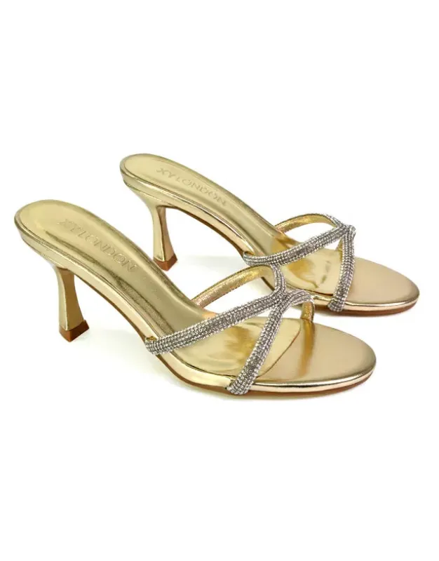 Paxton Diamante Strappy Mid High Heel Party Stiletto Mule Sandals In Gold sold by XYlondon