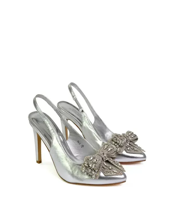 Kimmy Diamante Bow Pointed Toe Court Shoes Stiletto High Heels in Silver sold by XYlondon product image thumbnail 3
