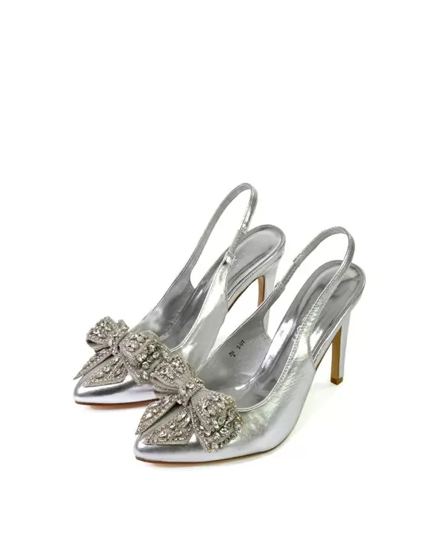 Kimmy Diamante Bow Pointed Toe Court Shoes Stiletto High Heels in Silver sold by XYlondon product image thumbnail 2