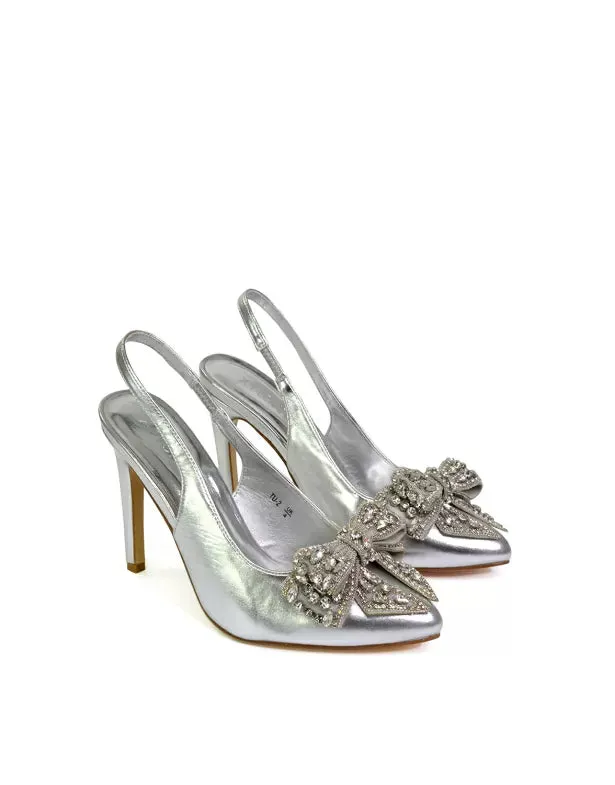 Kimmy Diamante Bow Pointed Toe Court Shoes Stiletto High Heels in Silver sold by XYlondon