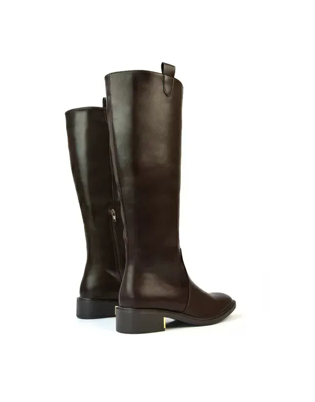 Prince Winter Flat Knee High Boots With Inside Zip in Brown Synthetic Leather sold by XYlondon