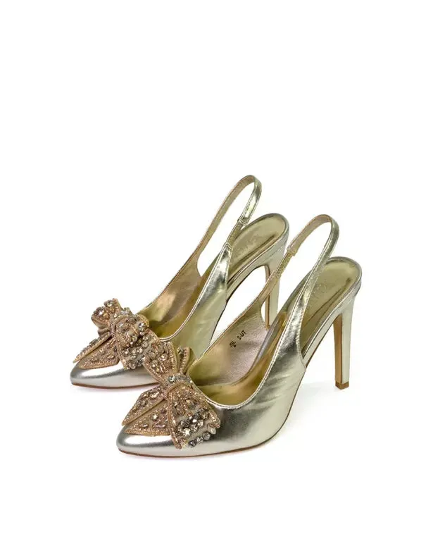 Kimmy Diamante Bow Pointed Toe Court Shoes Stiletto High Heels in Gold sold by XYlondon product image thumbnail 4