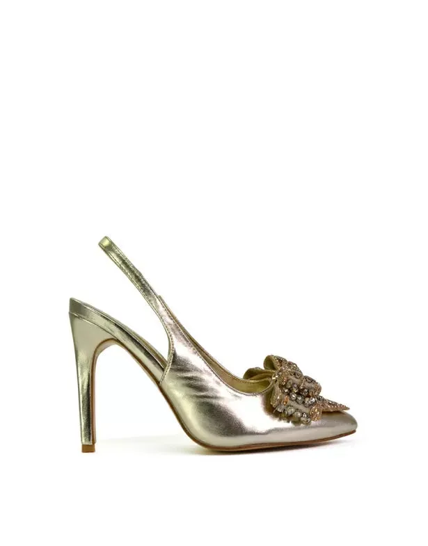 Kimmy Diamante Bow Pointed Toe Court Shoes Stiletto High Heels in Gold sold by XYlondon product image thumbnail 2