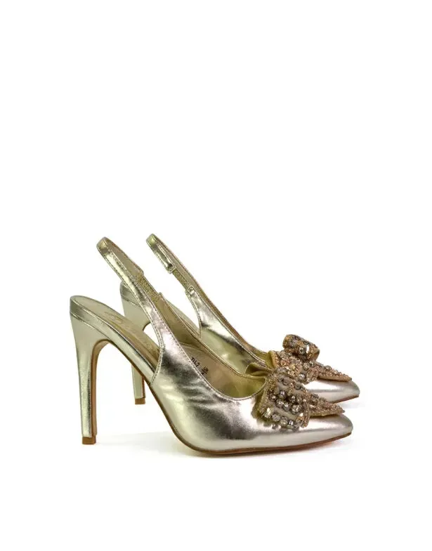 Kimmy Diamante Bow Pointed Toe Court Shoes Stiletto High Heels in Gold sold by XYlondon