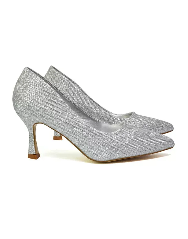 Romi Bridal Shoes Pointed Toe Wedding Glitter Court Shoes Mid Stiletto Heels in Silver sold by XYlondon product image thumbnail 2