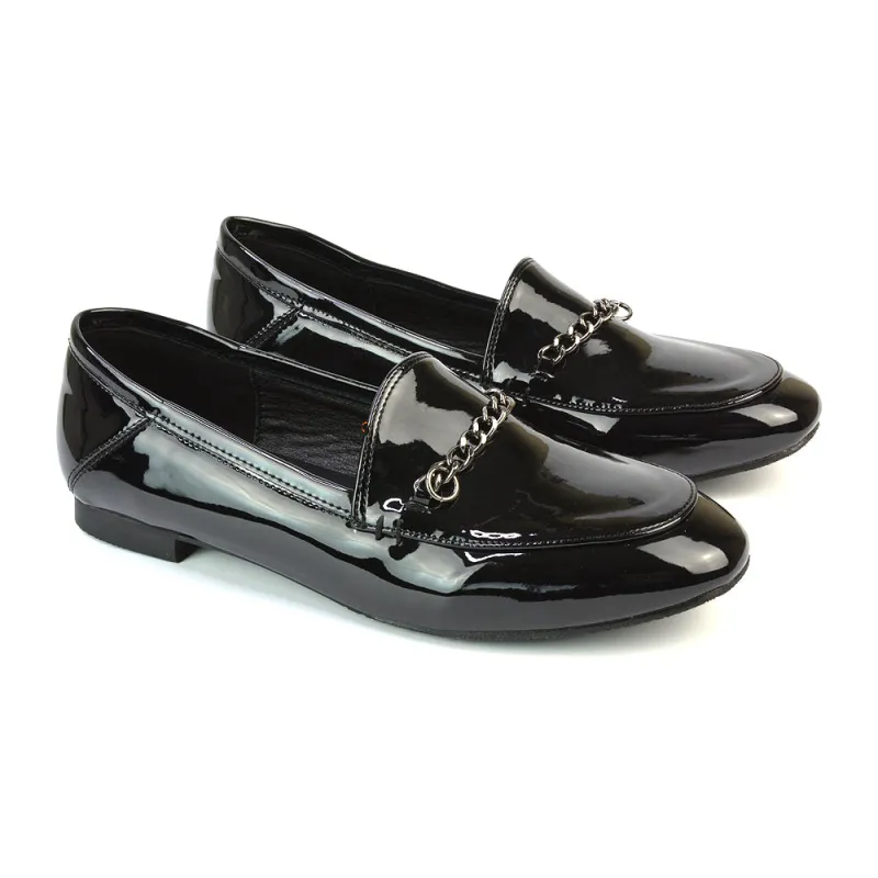 Tessah Chain Detail Flat Heel Slip On School Shoes Loafers is Black Patent sold by XYlondon
