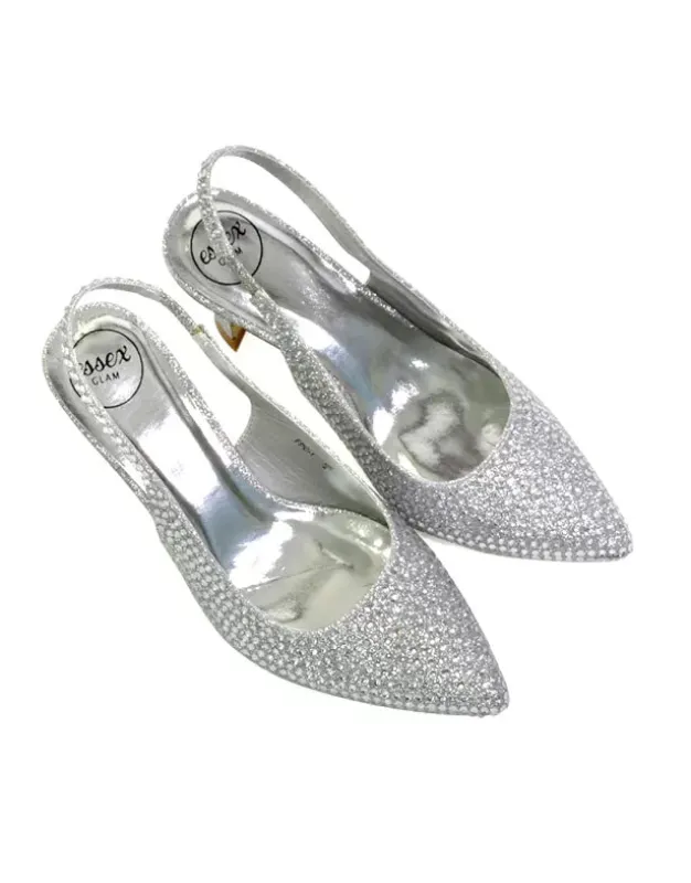 Vaia Pointed Toe Sling Back Diamante Bridal Heels Court Shoes in SIlver sold by XYlondon