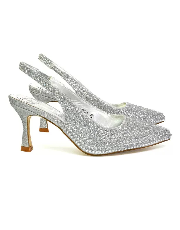 Vaia Pointed Toe Sling Back Diamante Bridal Heels Court Shoes in SIlver sold by XYlondon product image thumbnail 3