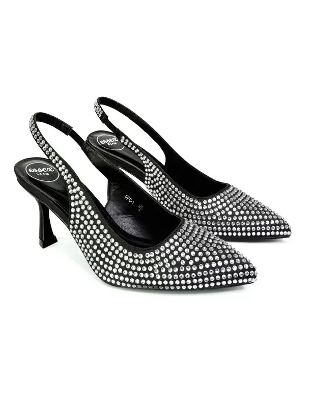 Vaia Pointed Toe Sling Back Diamante Bridal Heels Court Shoes in Black sold by XYlondon