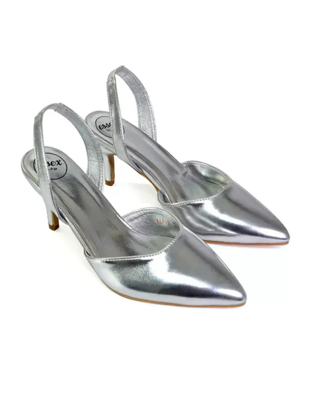 Imogen Pointed Toe Sling Back Stiletto Mid Heel Court Shoes in Silver sold by XYlondon