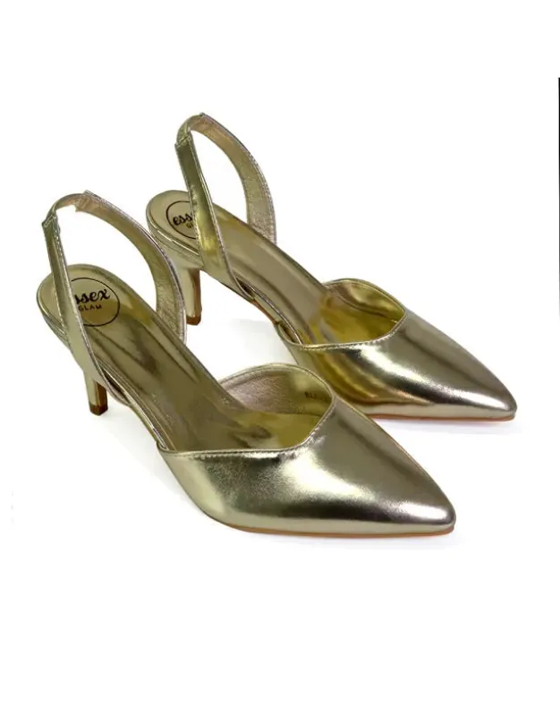 Imogen Pointed Toe Sling Back Stiletto Mid Heel Court Shoes in Gold sold by XYlondon