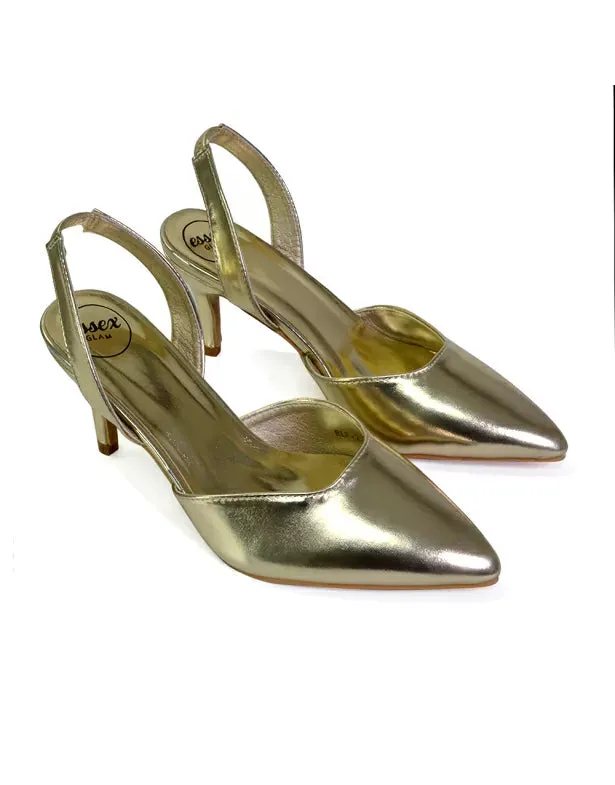Imogen Pointed Toe Sling Back Stiletto Mid Heel Court Shoes in Gold sold by XYlondon